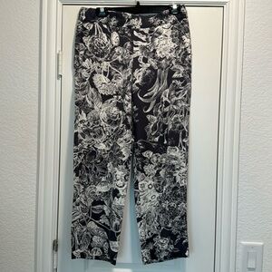 Loft size small deep, gray and white flowered ankle pants elastic waist